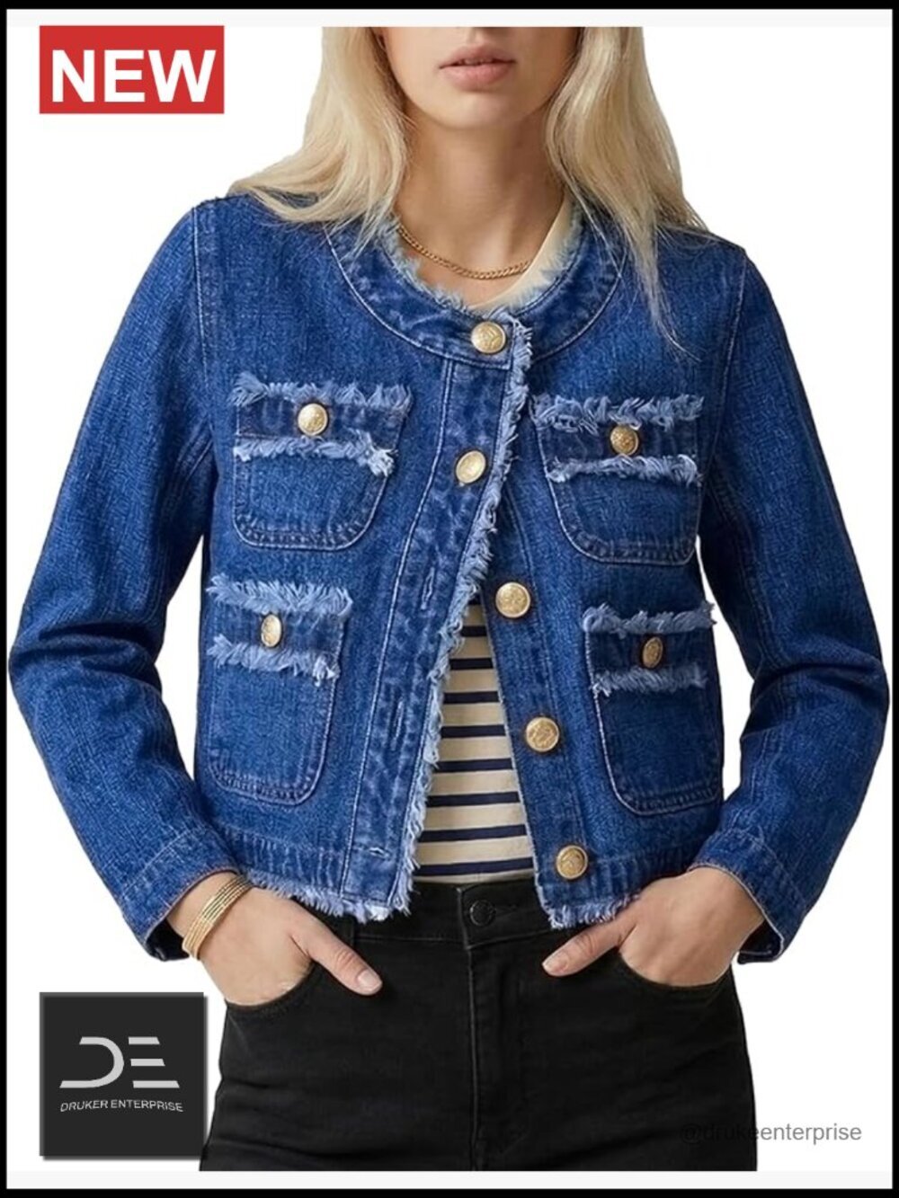 Cropped Distressed Denim Jacket Button Front Raw Hem Collarless Coat